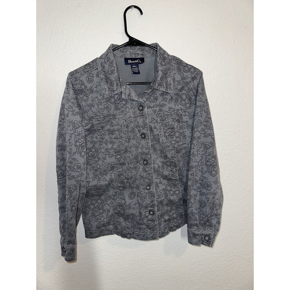 Denim & Co. Women’s Jacket Small Grey Floral Long Sleeve Button Front
